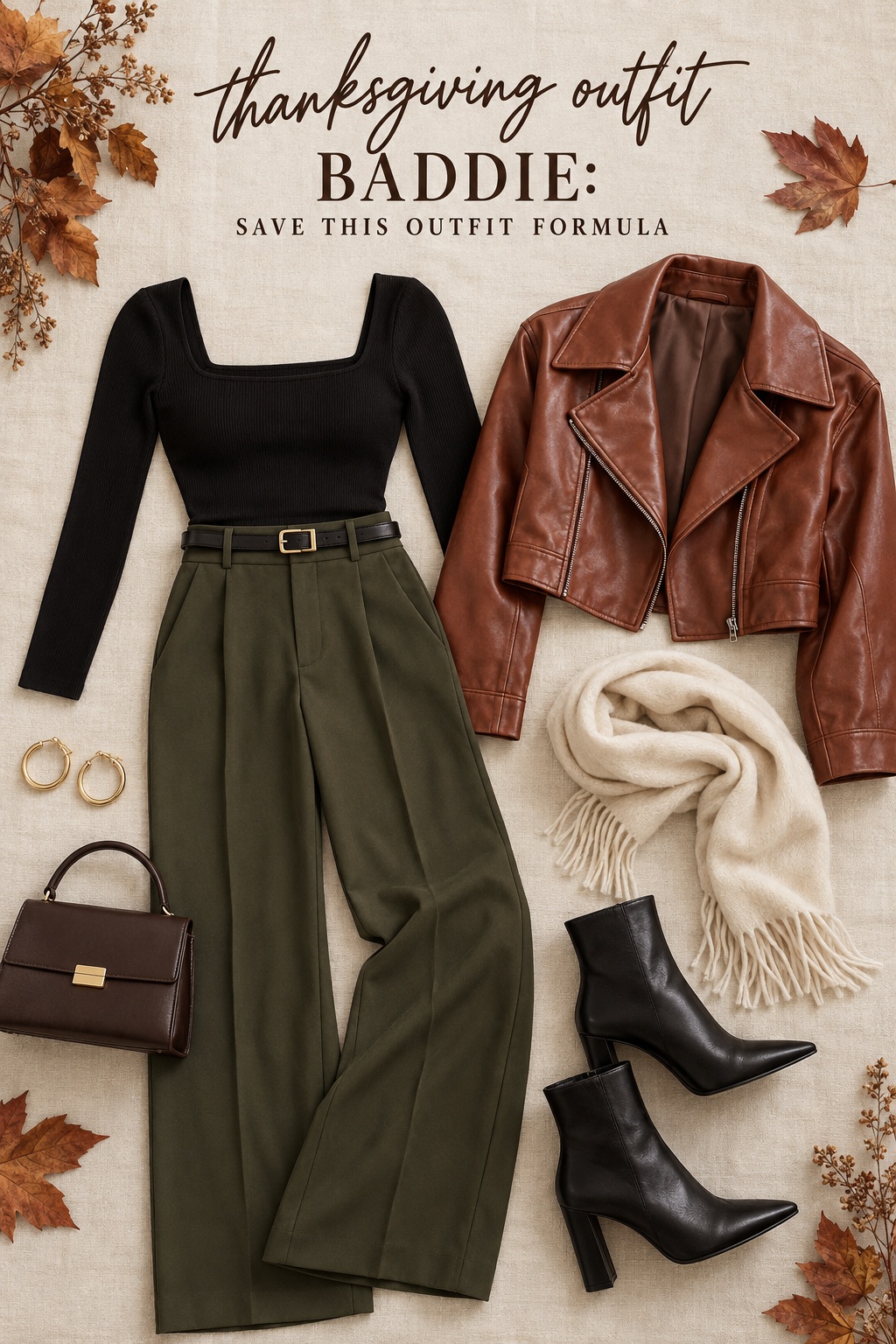 thanksgiving outfit baddie flat lay with black top, olive trousers, rust jacket, and boots