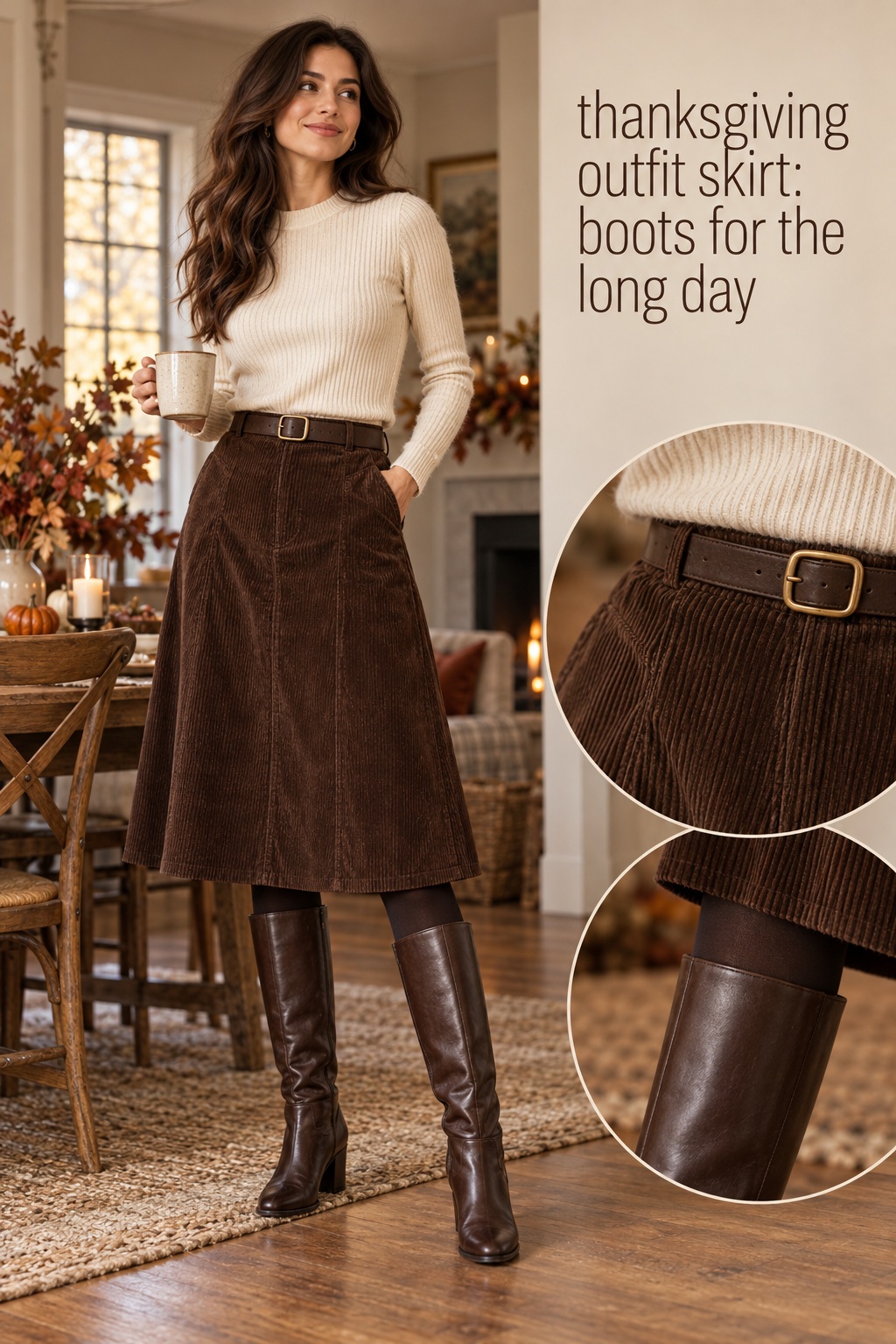 Thanksgiving outfit skirt with corduroy midi, ribbed sweater, belt, tights, and tall boots