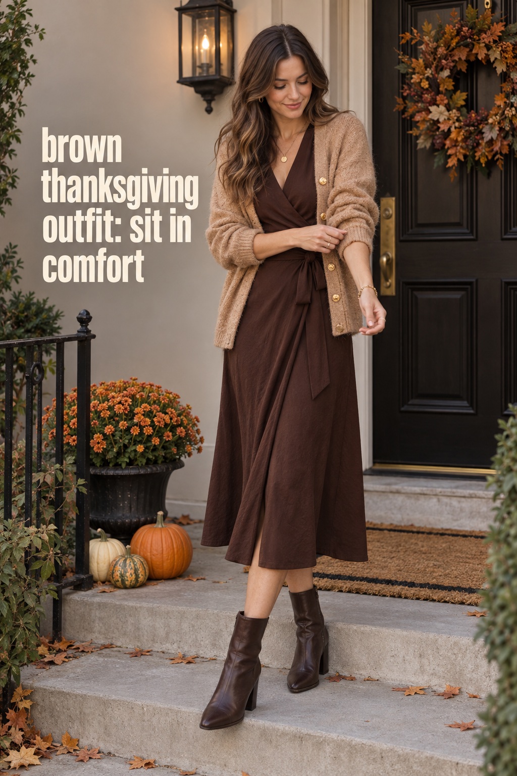 brown thanksgiving outfit with wrap dress, camel cardigan, boots, and gold details