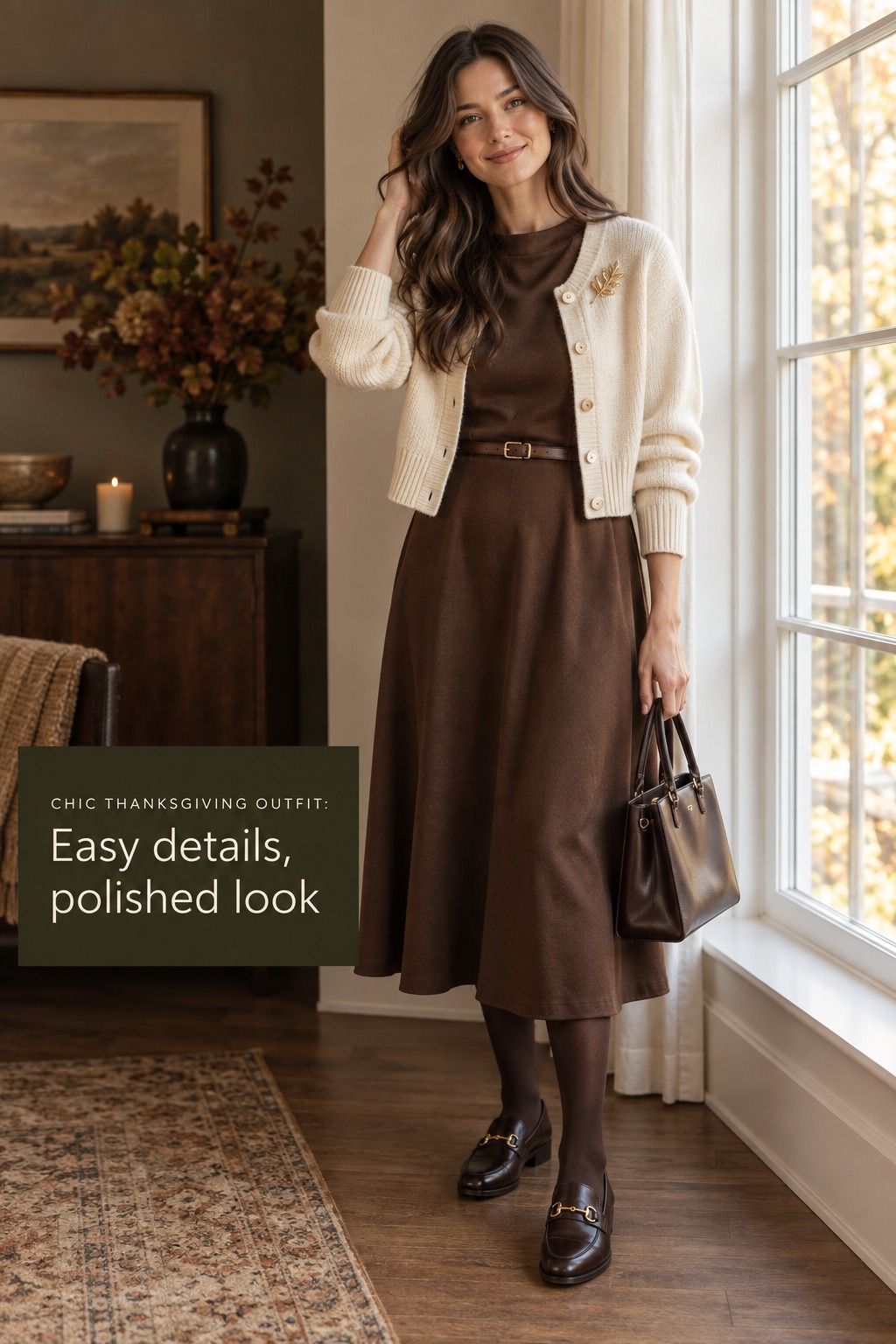 chic thanksgiving outfit with a chocolate midi dress, cream cardigan, brooch and loafers
