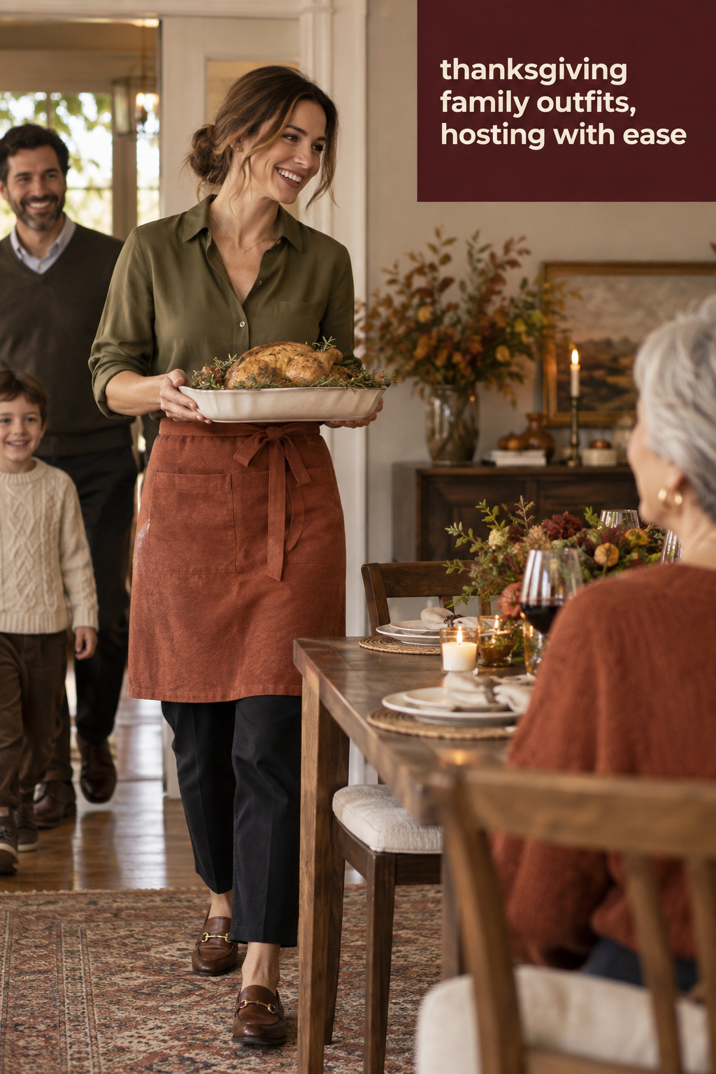 thanksgiving family outfits host in olive blouse, rust apron, dark trousers, and comfortable loafers