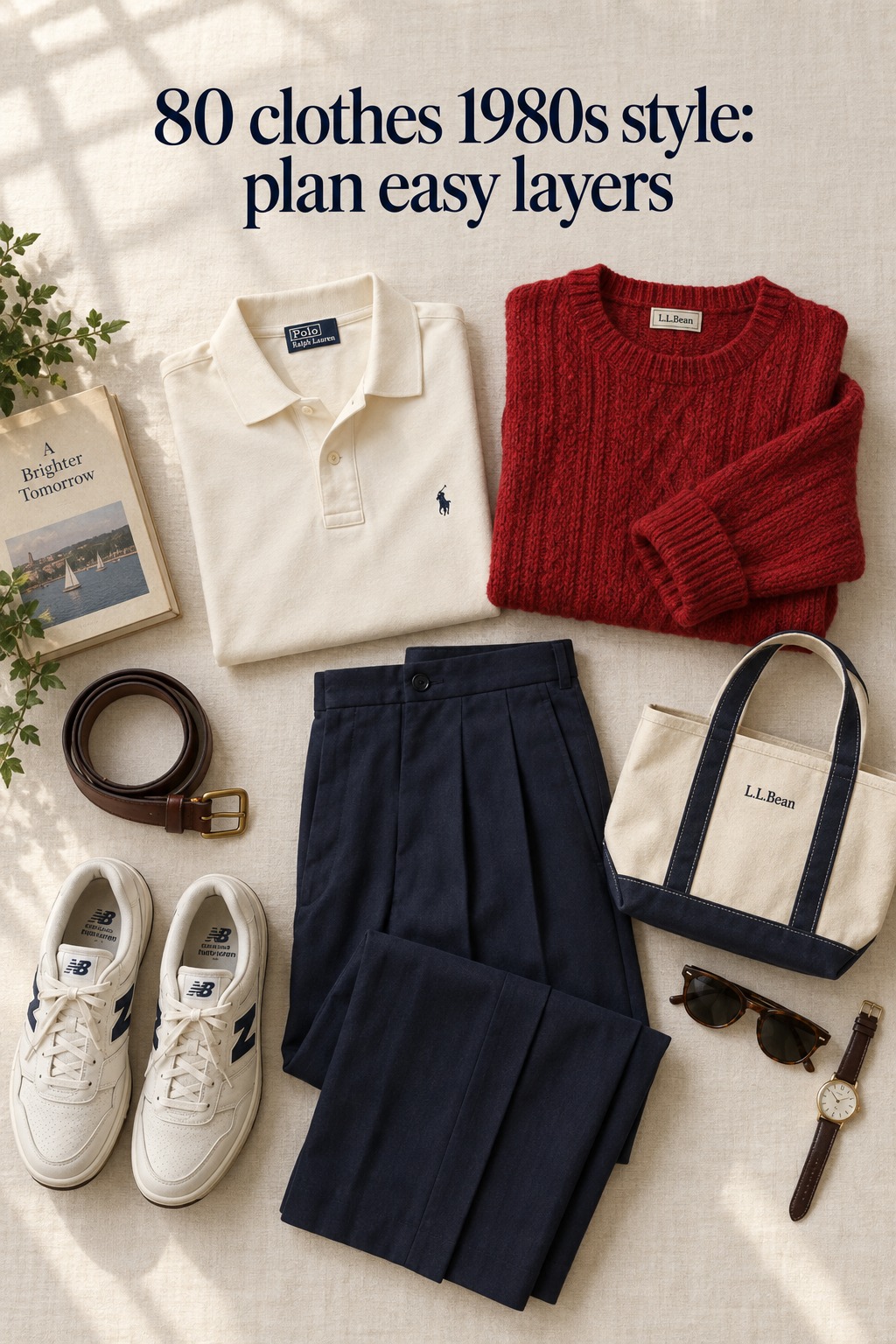 80 clothes 1980s style flat lay with a cream polo, red sweater, navy trousers, and sneakers