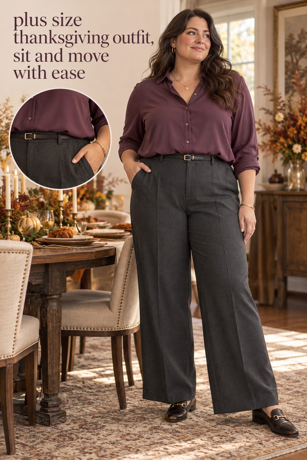Plus size Thanksgiving outfit with plum blouse, wide-leg trousers, belt, and loafers