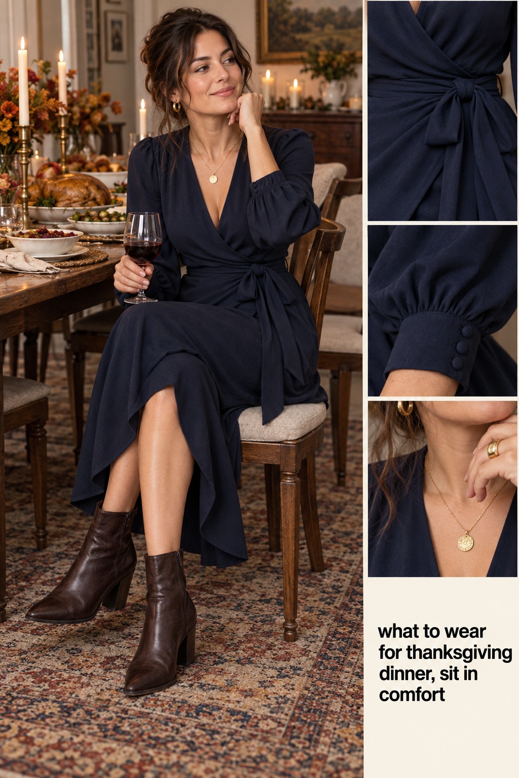 what to wear for thanksgiving dinner: navy wrap dress and comfortable boots