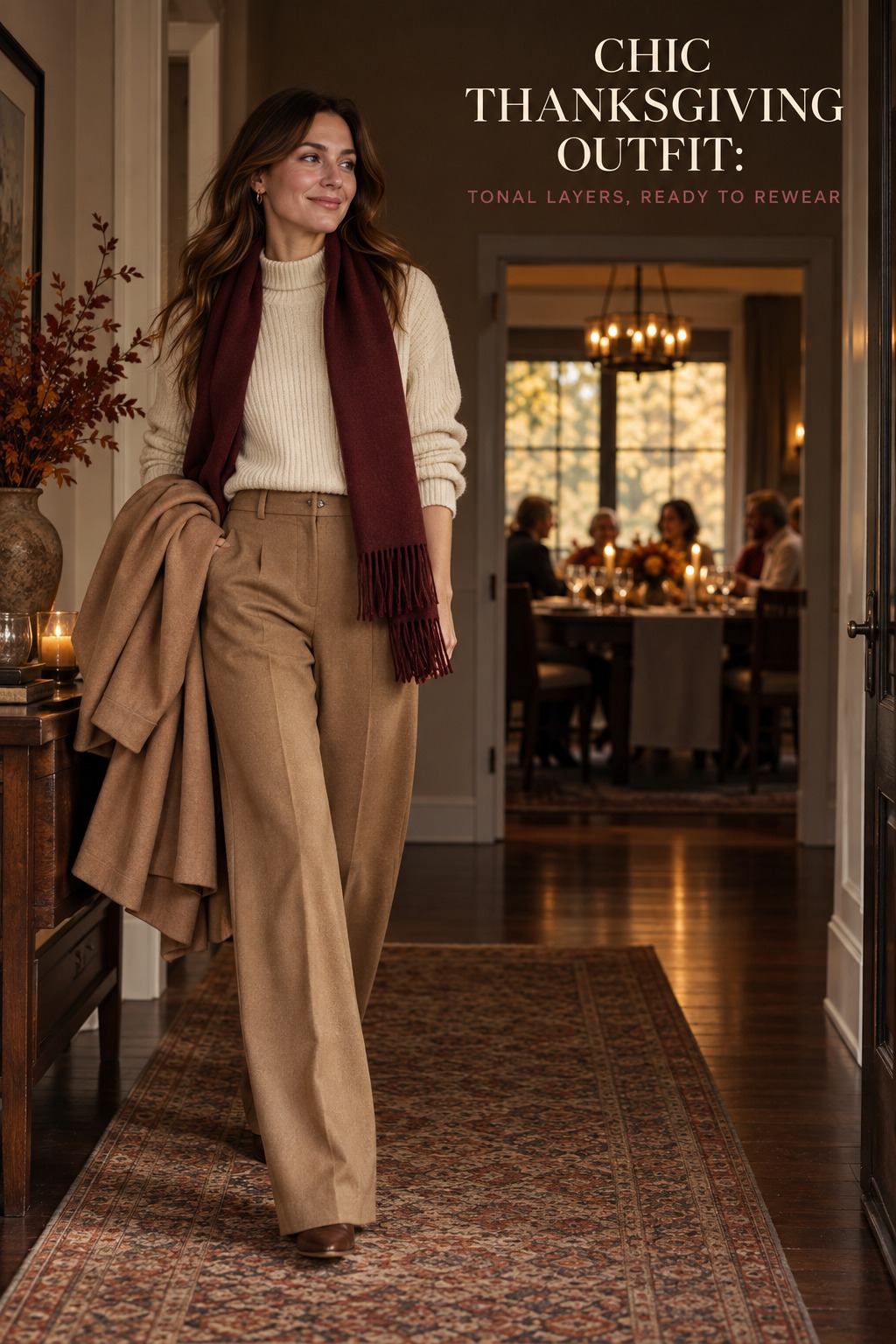 chic thanksgiving outfit with cream knitwear, camel trousers and a burgundy scarf