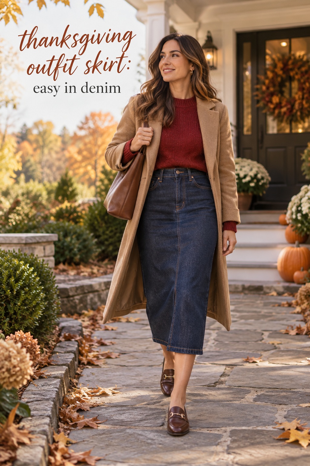 Thanksgiving outfit skirt with dark denim midi, cranberry sweater, camel coat, and loafers