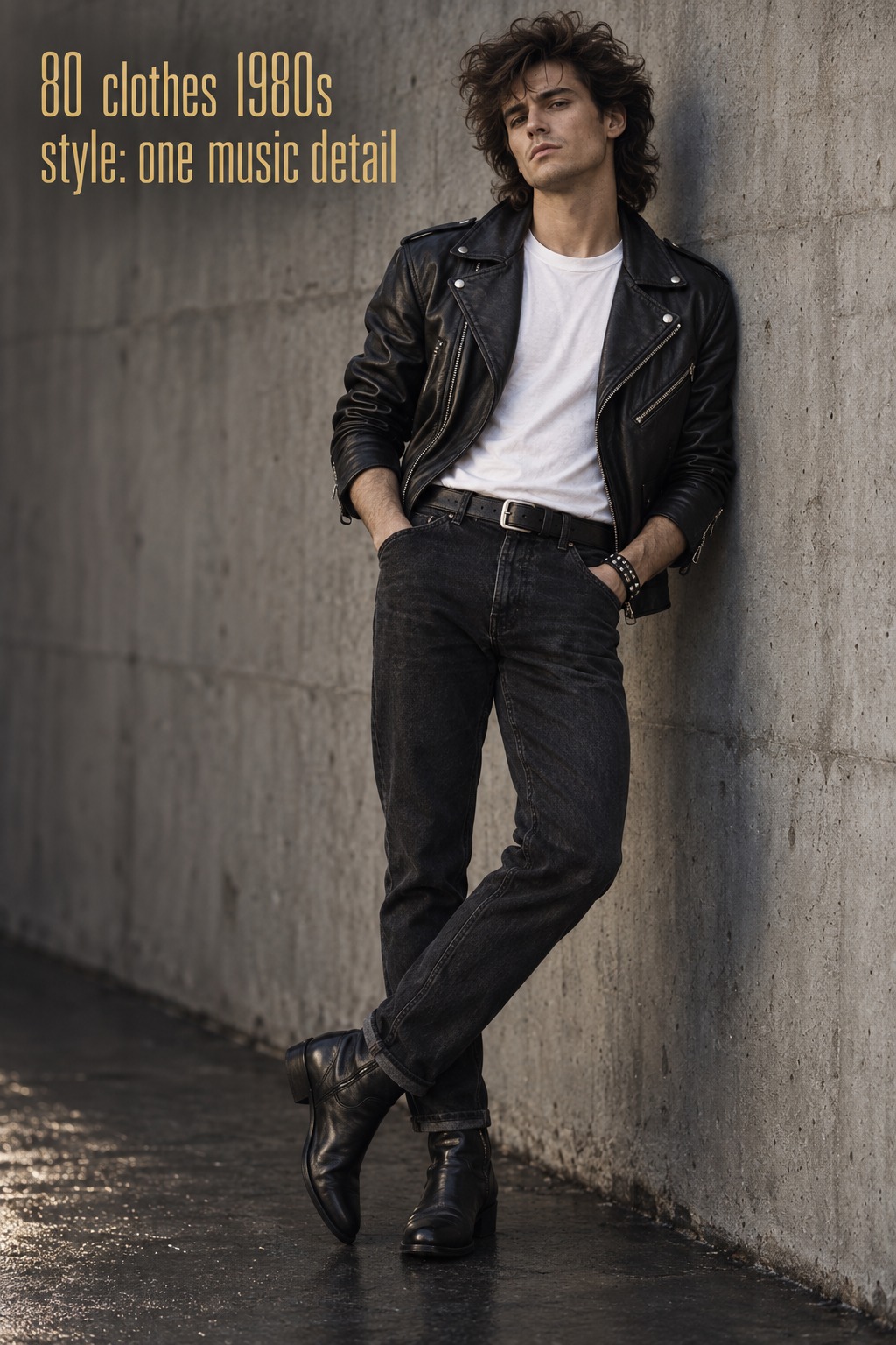 80 clothes 1980s style in a black jacket, white tee, dark denim, and boots with one music detail