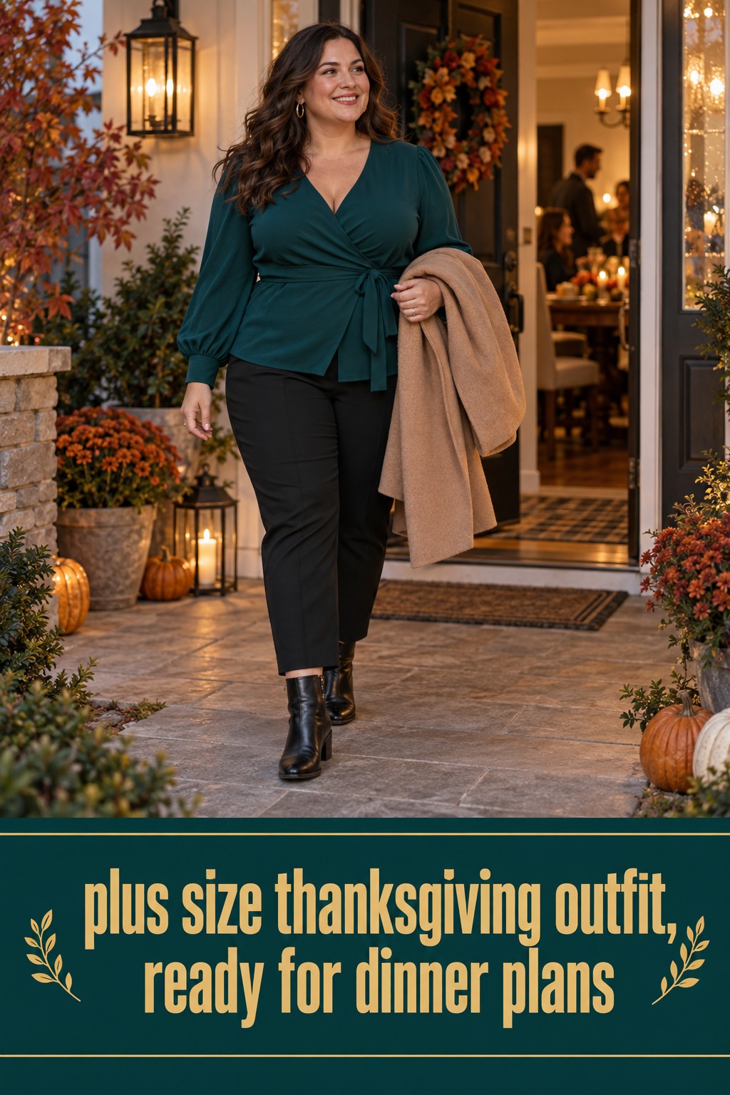 Plus size Thanksgiving outfit in teal blouse, black trousers, boots, and camel coat
