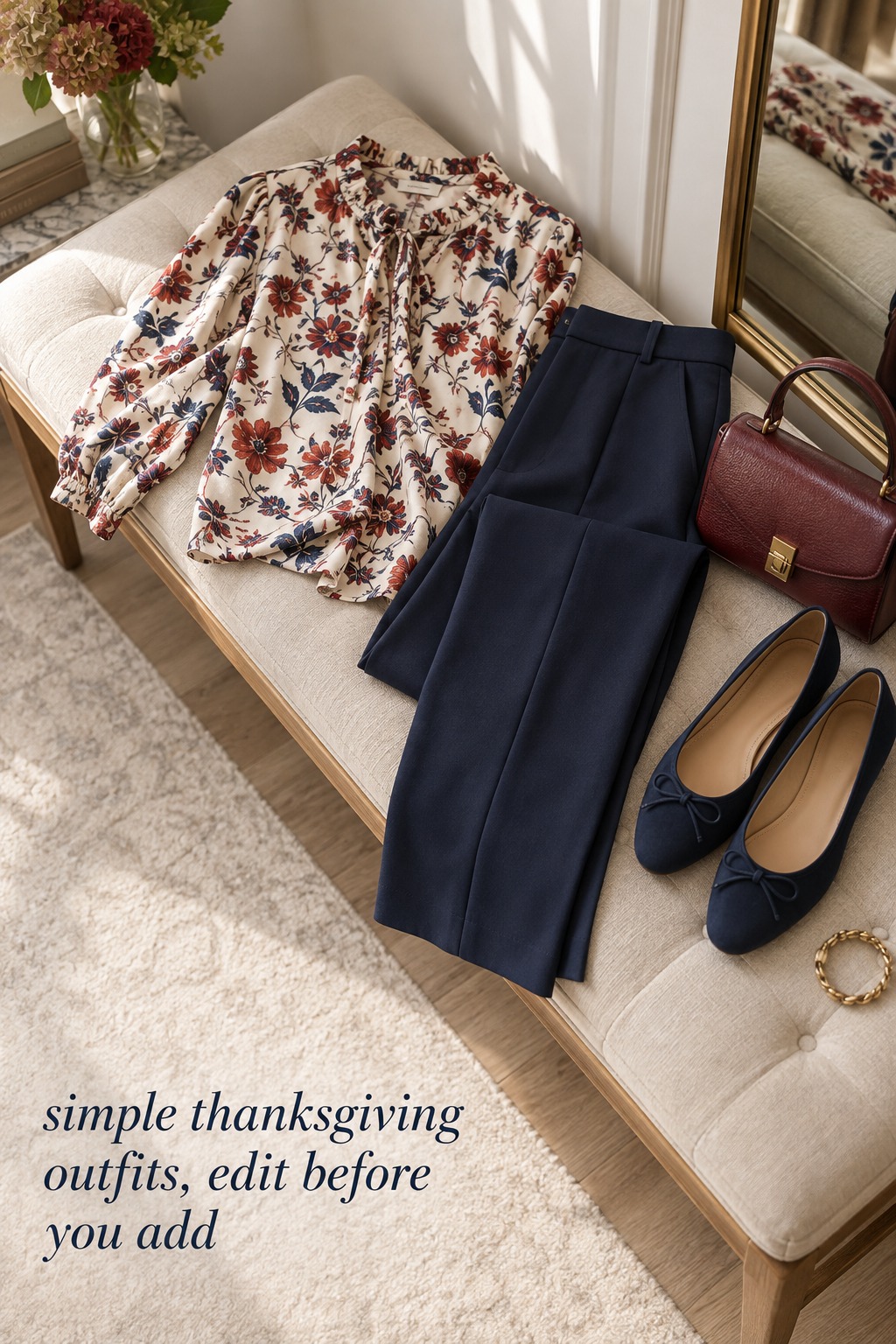 simple thanksgiving outfits flat lay of a printed blouse, navy trousers, flats, and one bag
