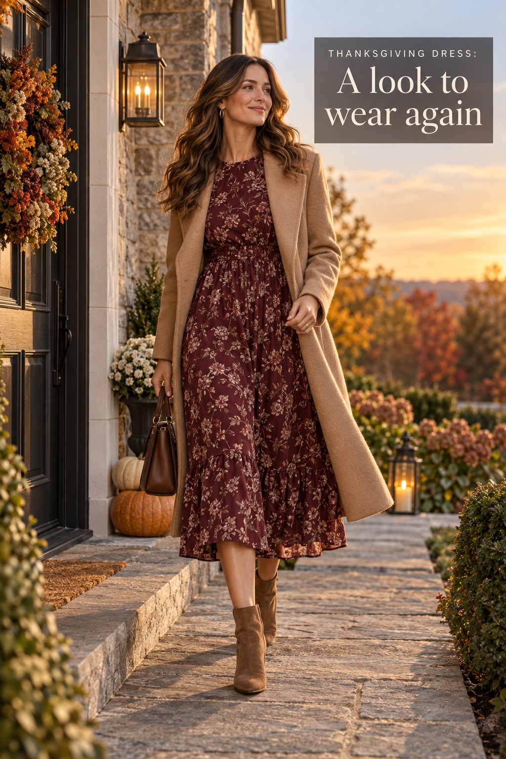 thanksgiving dress in a burgundy print layered with a camel coat for an easy rewear look