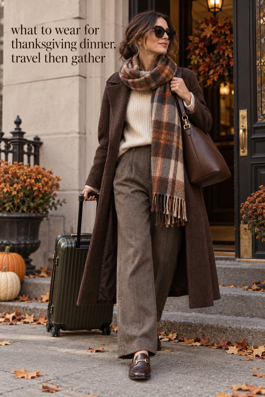 what to wear for thanksgiving dinner: layered travel outfit with coat and scarf