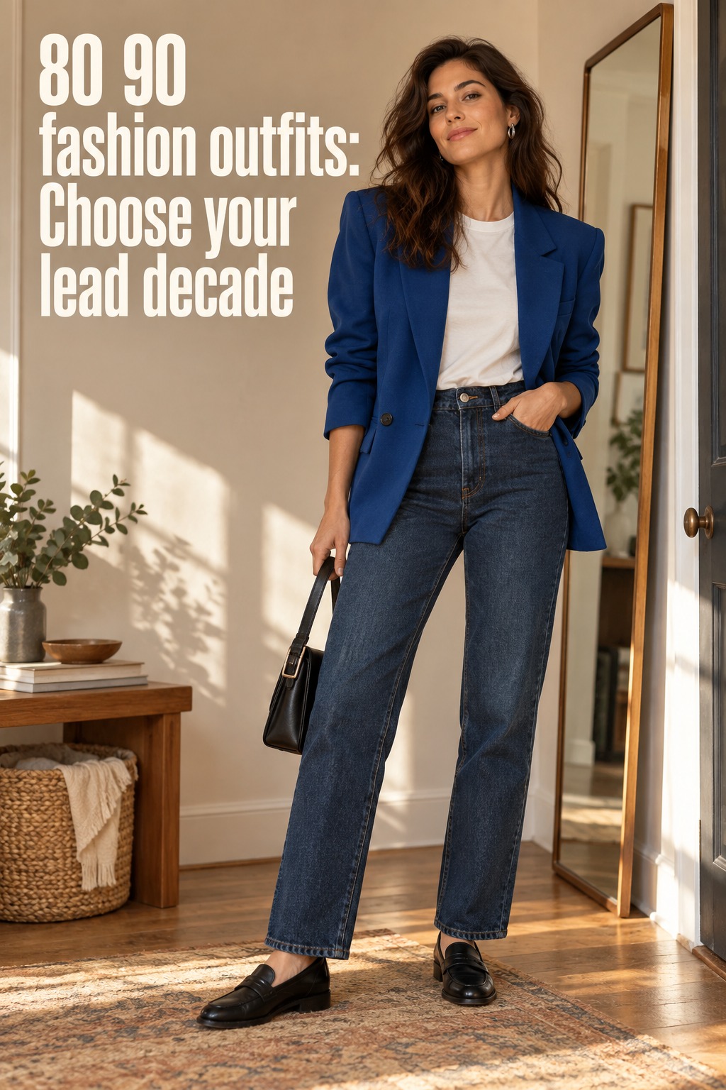 80 90 fashion outfits with a structured blue blazer, ivory tee and straight dark jeans