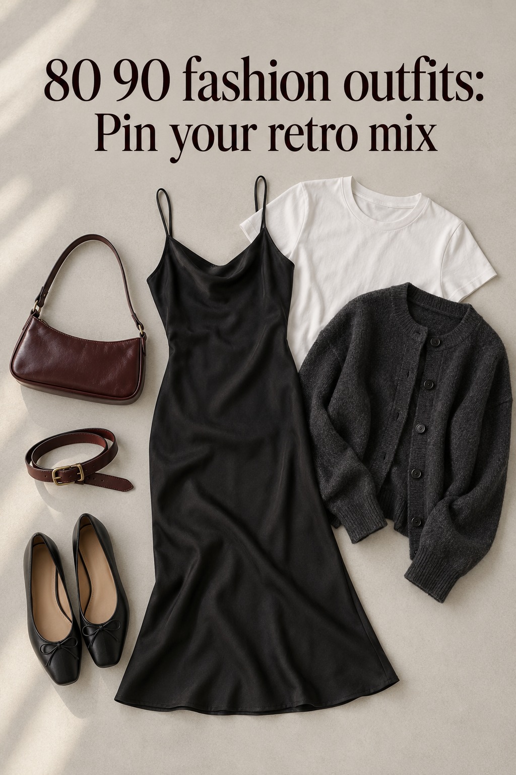 80 90 fashion outfits flat lay with a black slip dress, white tee, cardigan and flats