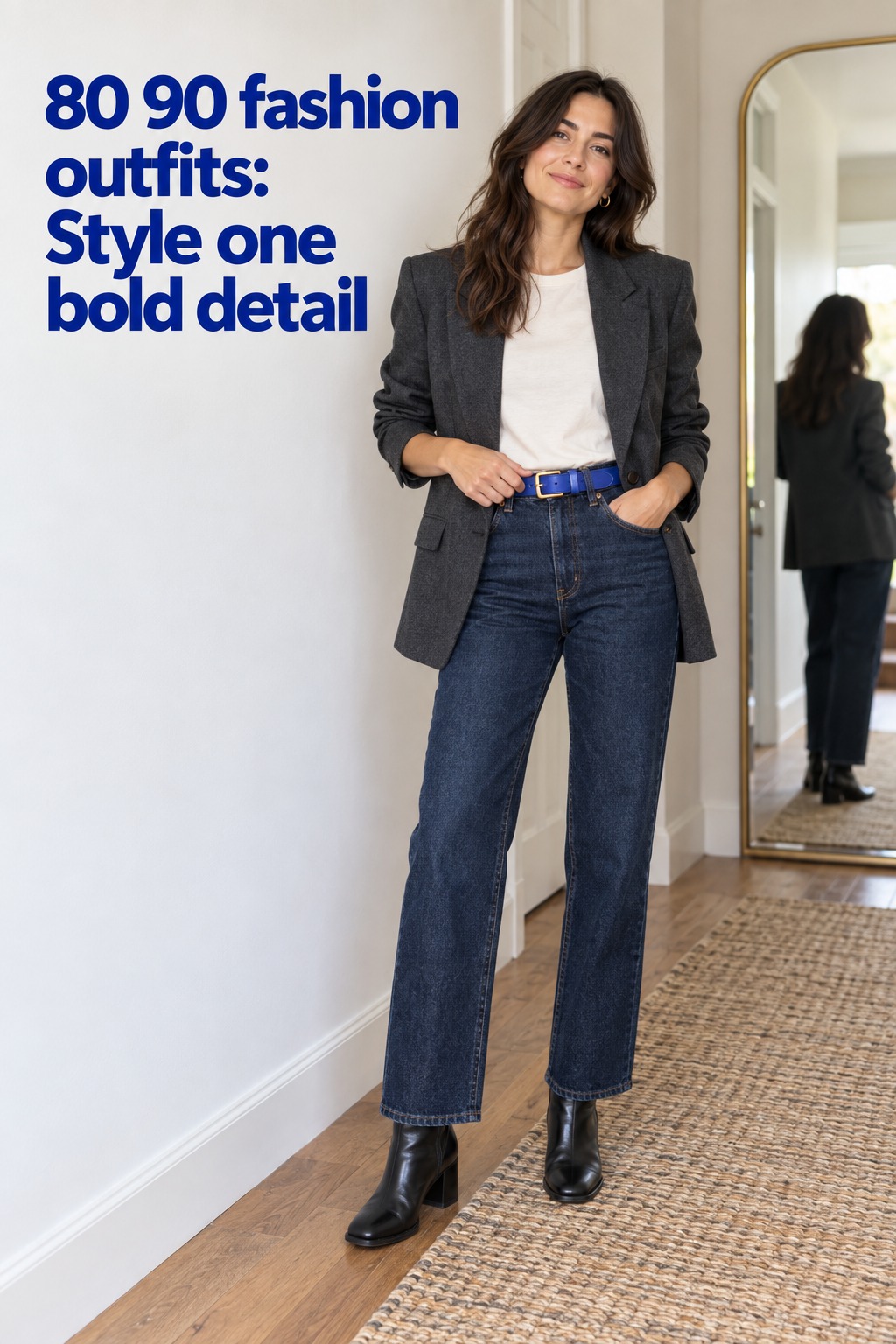 80 90 fashion outfits full look with a charcoal blazer, dark jeans and cobalt belt detail