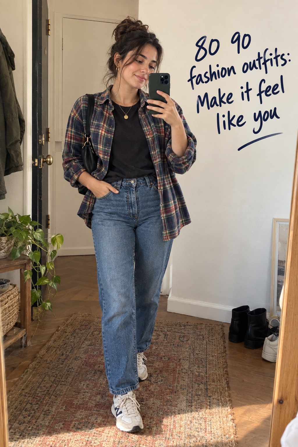 80 90 fashion outfits candid mirror selfie with a plaid shirt, black tee and relaxed jeans