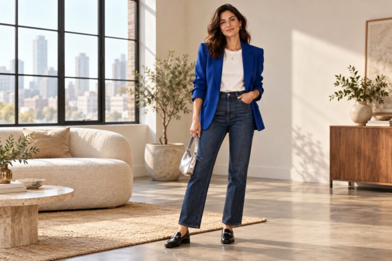 80 90 fashion outfits in a structured blue blazer, ivory tee and relaxed dark denim