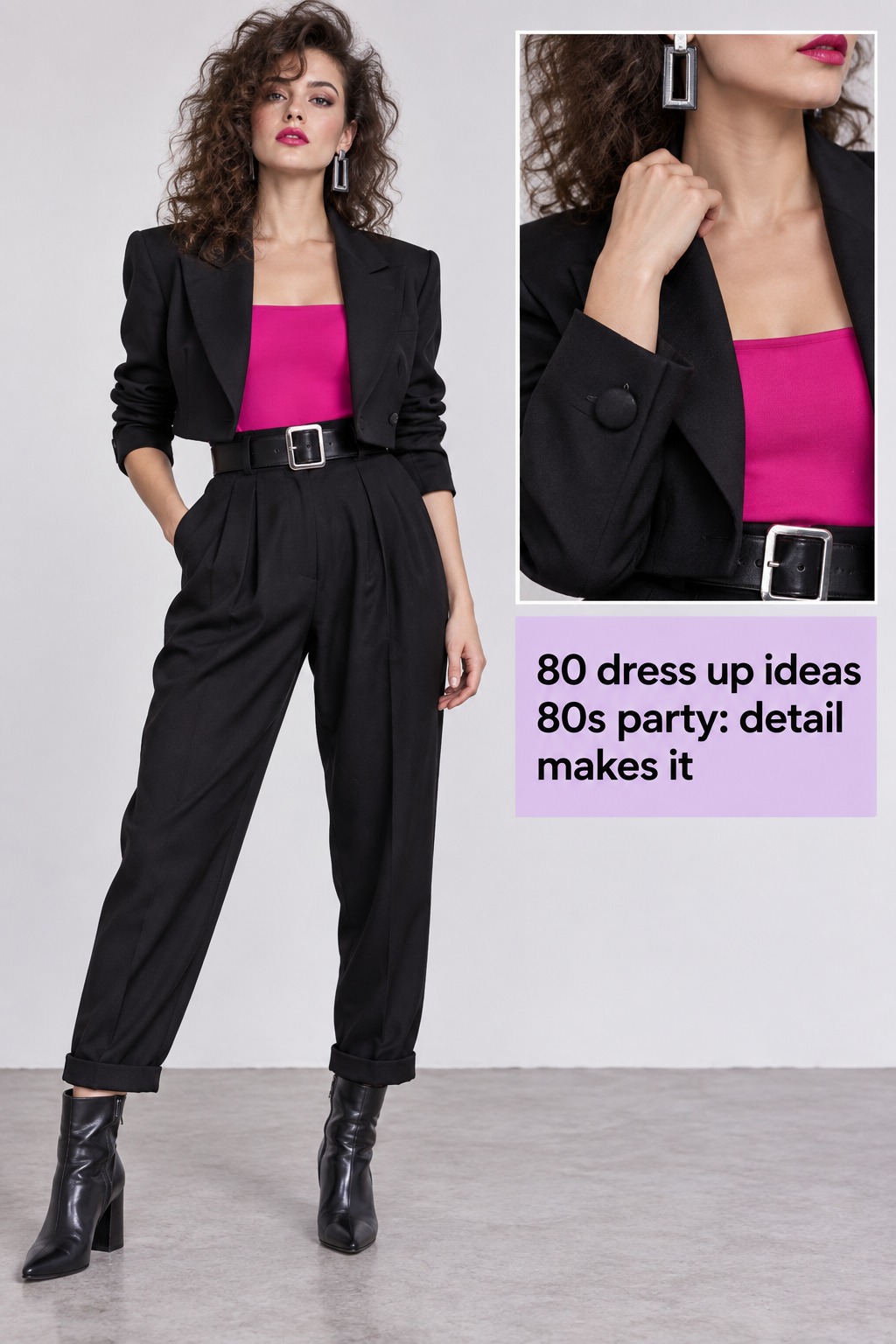 80 dress up ideas 80s party with a black jacket, magenta top, belt and trousers