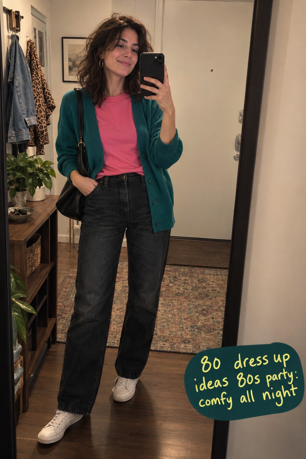 80 dress up ideas 80s party candid mirror look with teal cardigan and jeans