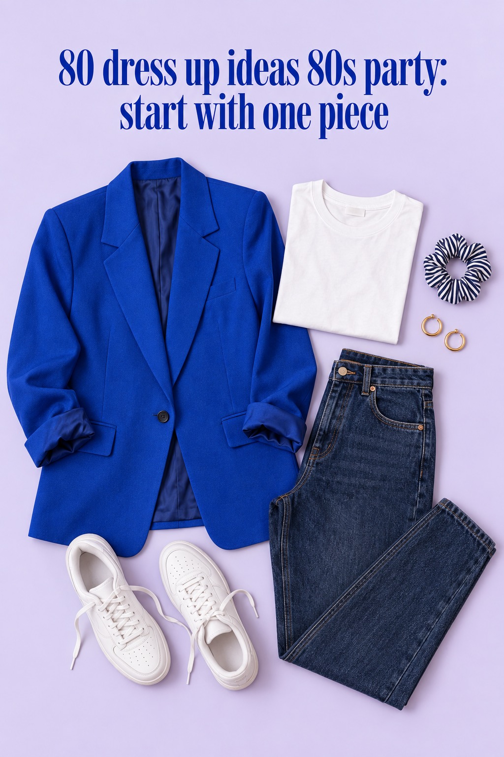 80 dress up ideas 80s party flat lay with cobalt blazer, tee, jeans and sneakers