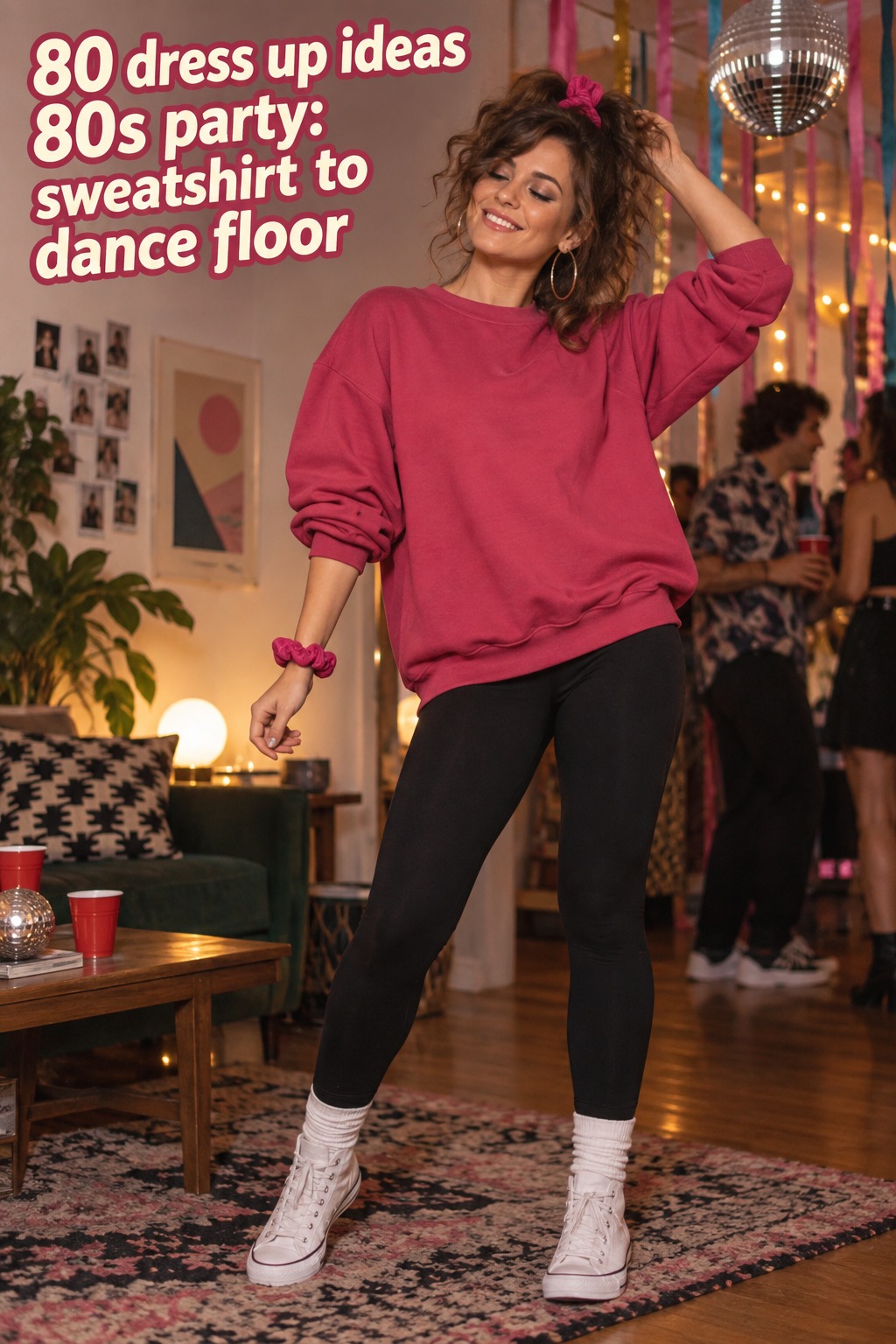 80 dress up ideas 80s party look with a pink sweatshirt and dance-ready sneakers