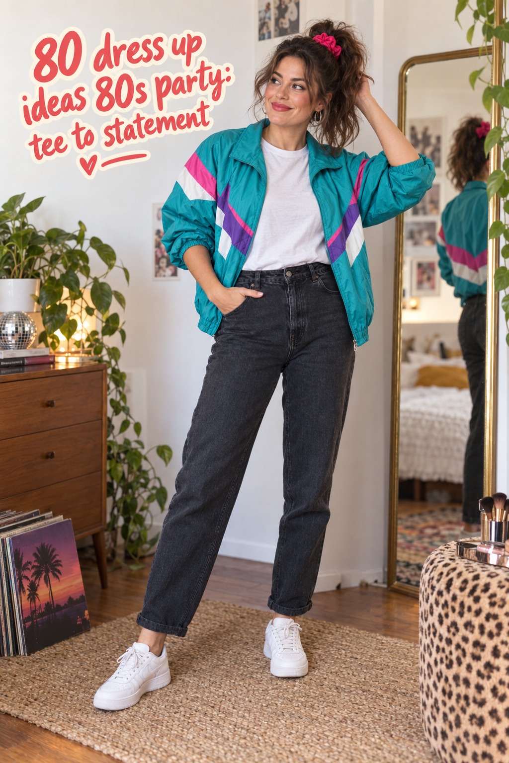 80 dress up ideas 80s party in a teal windbreaker, dark jeans and white sneakers