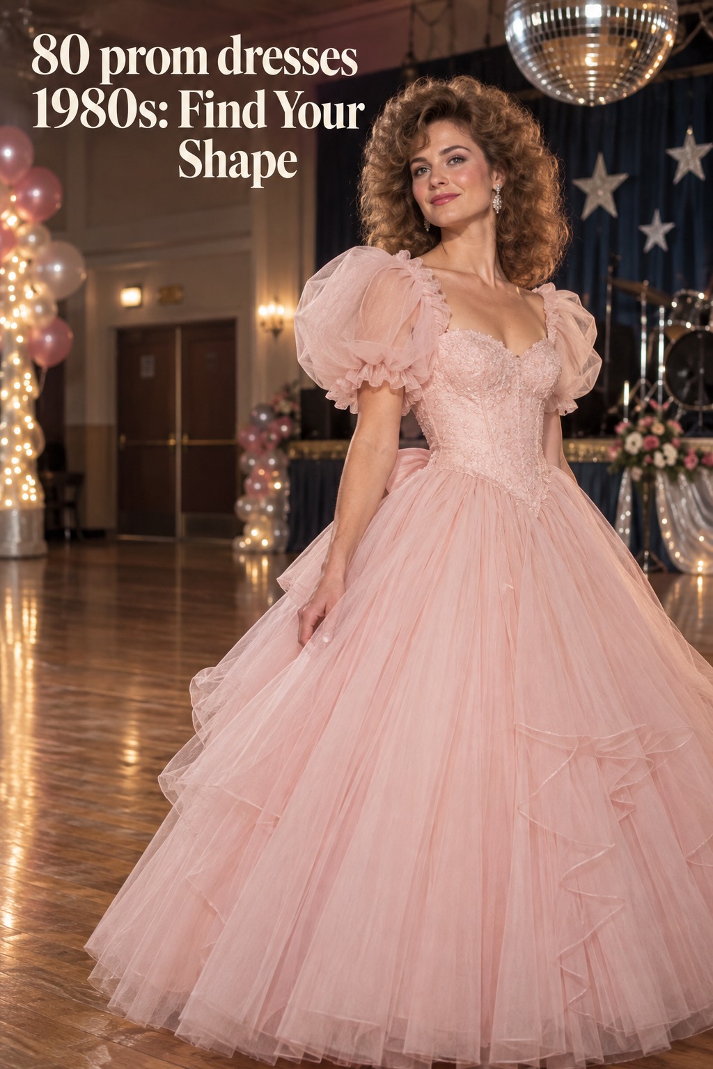 80 prom dresses 1980s in a pale pink full-skirt gown with puff sleeves