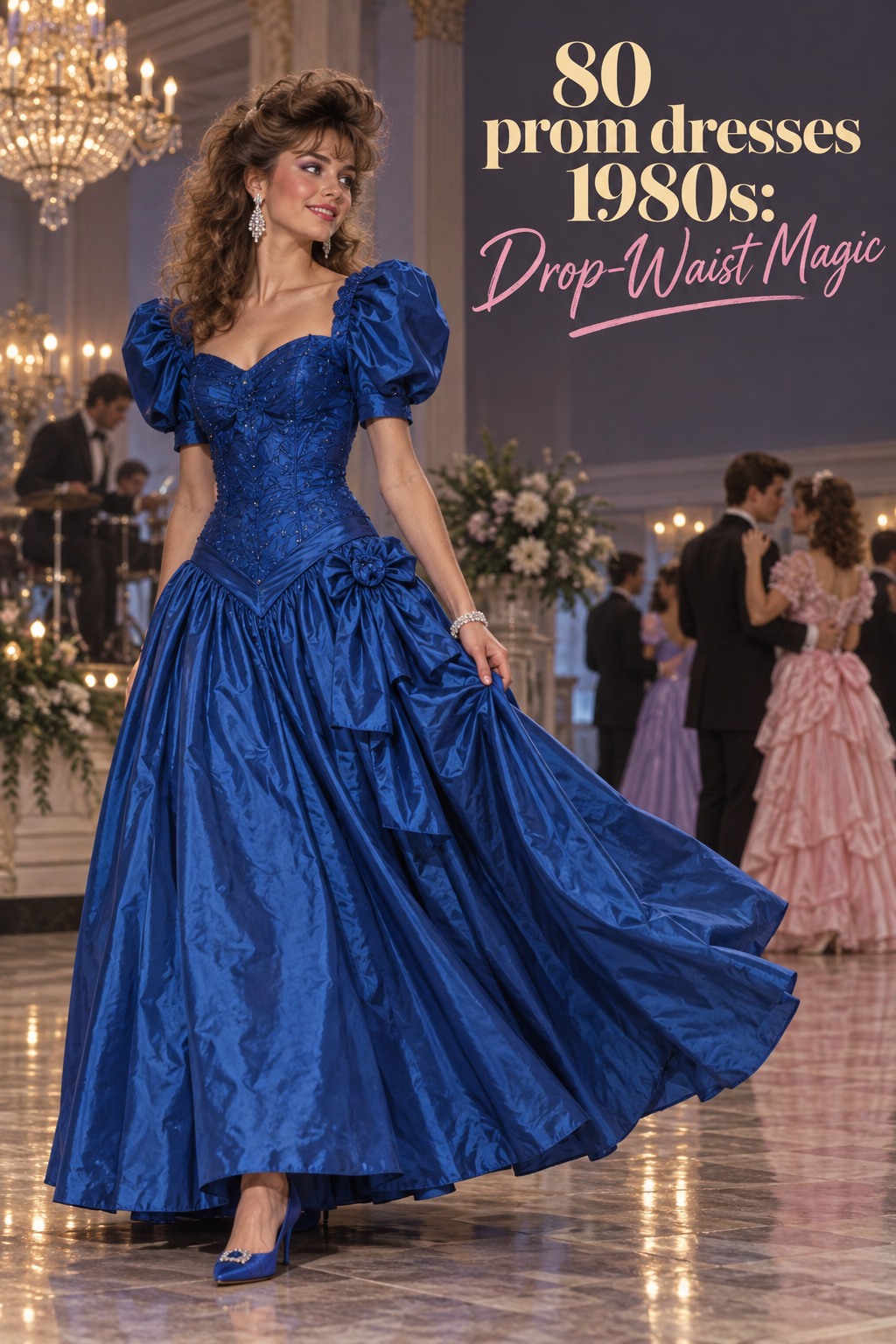 80 prom dresses 1980s in a jewel-blue dropped-waist gown with a billowing skirt
