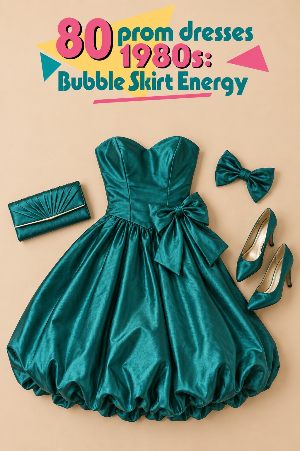 80 prom dresses 1980s bubble-skirt flat lay with teal dress, heels, clutch, and bow
