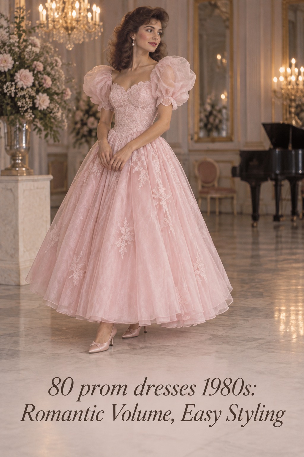 80 prom dresses 1980s pale pink romantic gown with puff sleeves and lace bodice