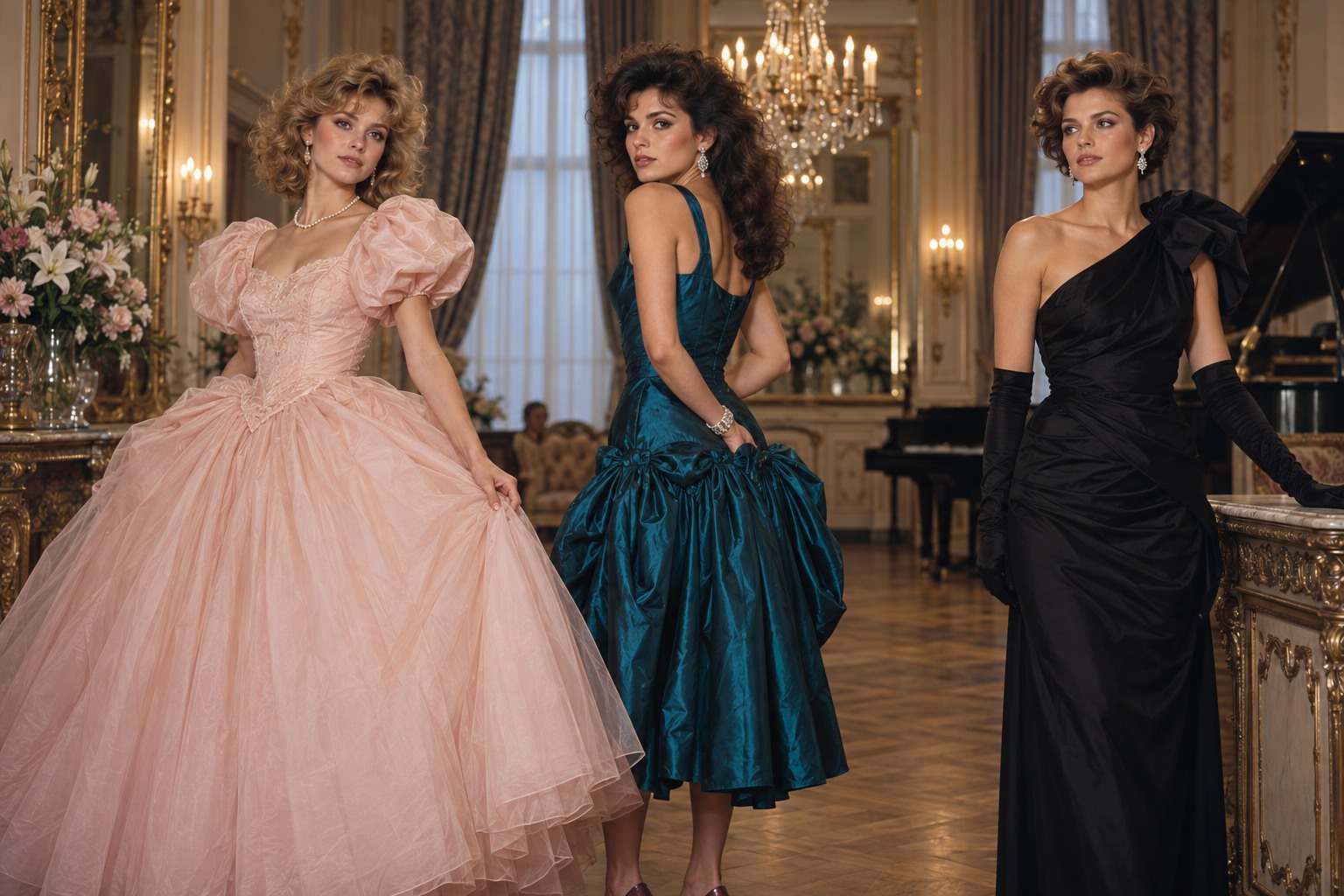 Three 1980s prom dress styles: romantic pink gown, teal dropped waist, and sleek black formal dress