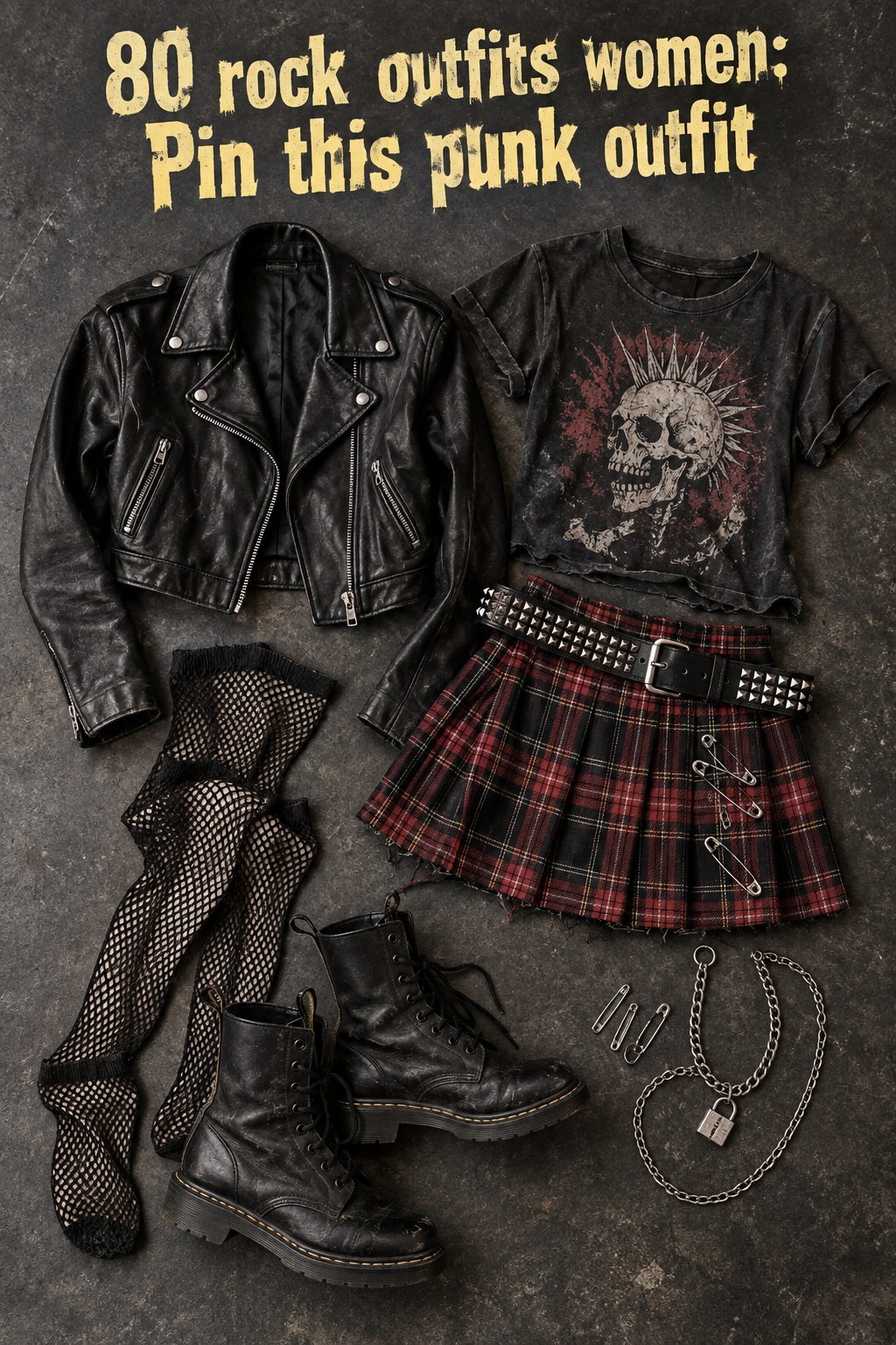 80 rock outfits women punk flat lay with jacket, plaid skirt, fishnets, boots and chains