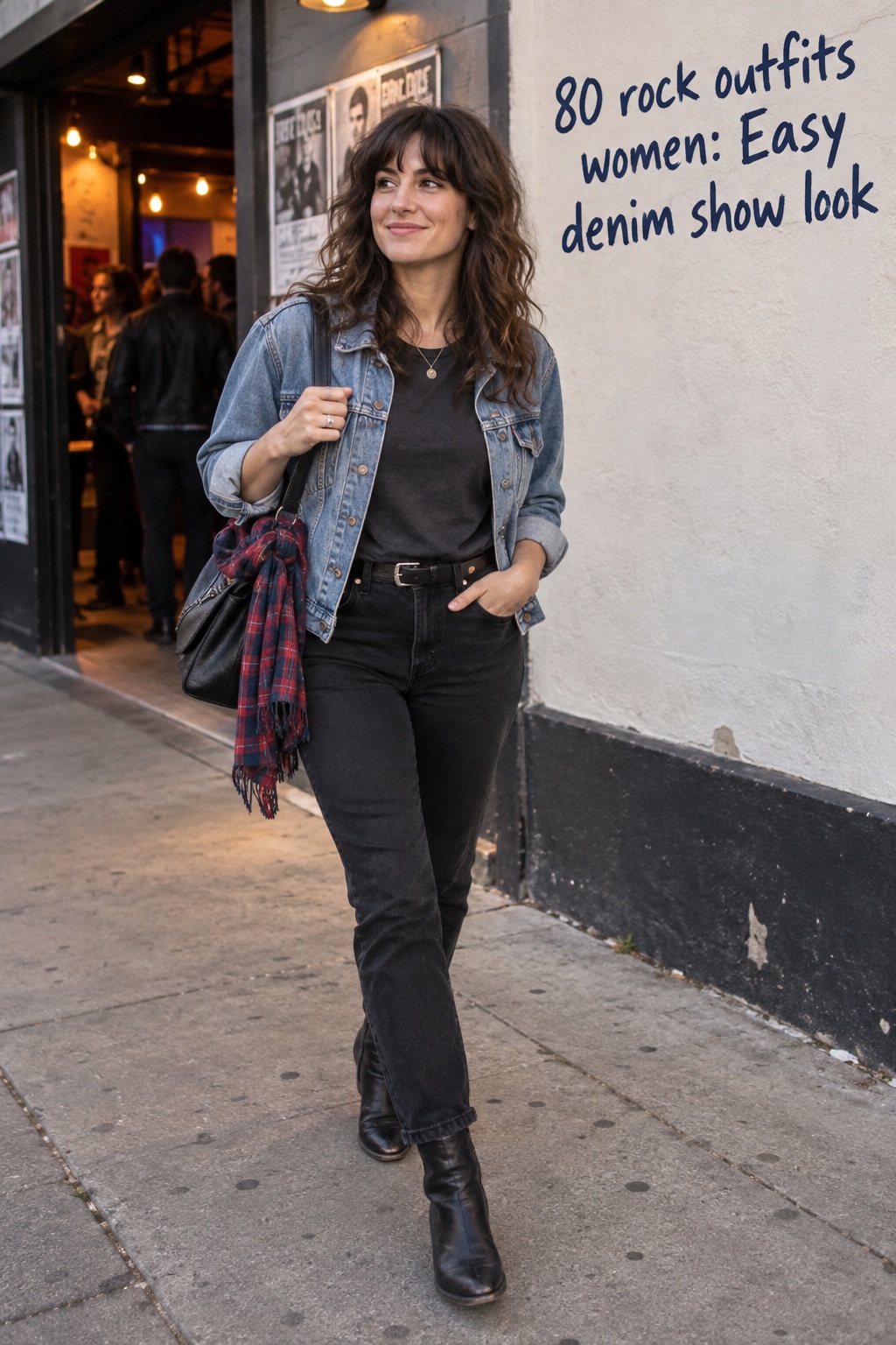 80 rock outfits women in an easy denim look outside a small music venue