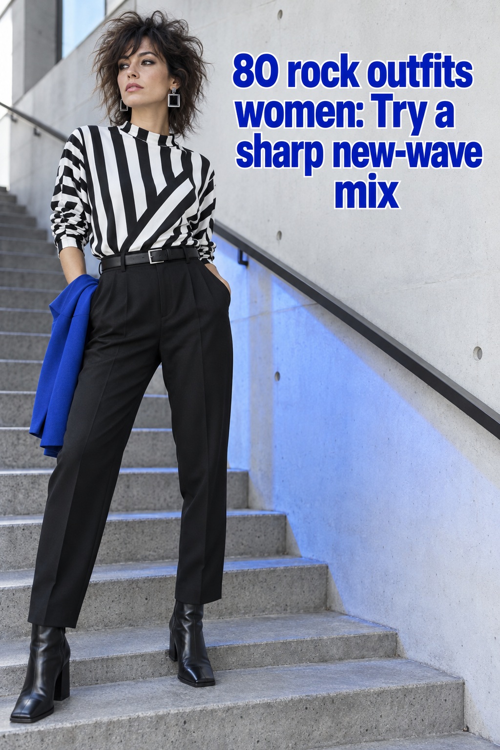 80 rock outfits women in black and white new wave tailoring with a cobalt accent