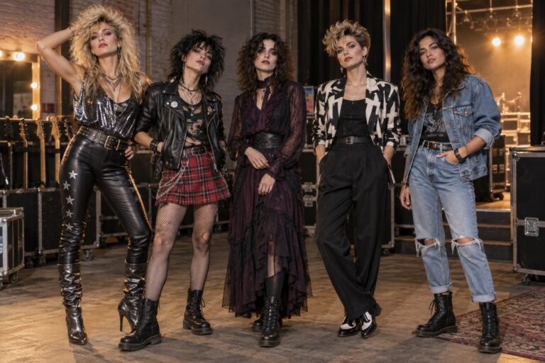 80 rock outfits women compared across glam metal, punk, goth, new wave, and denim looks