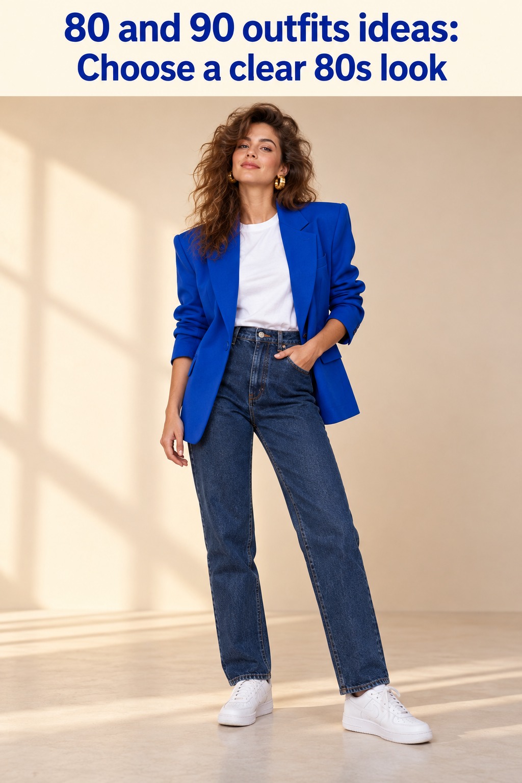 80 and 90 outfits ideas with a structured cobalt blazer, white tee and straight jeans