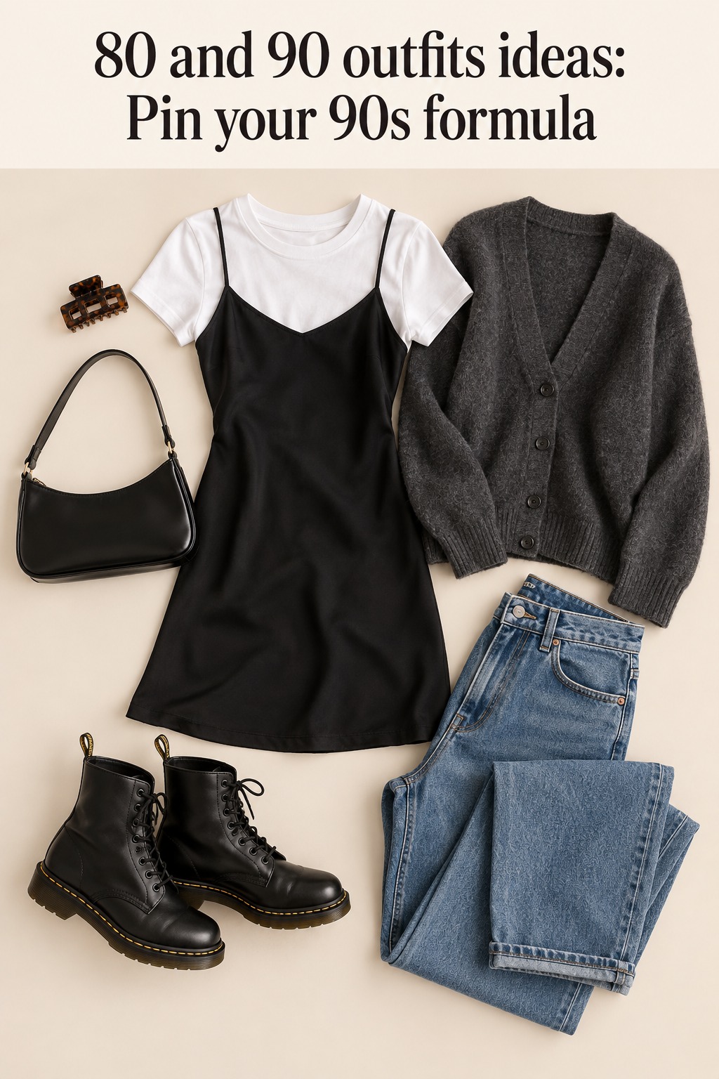 80 and 90 outfits ideas flat lay with slip dress, white tee, cardigan and black boots