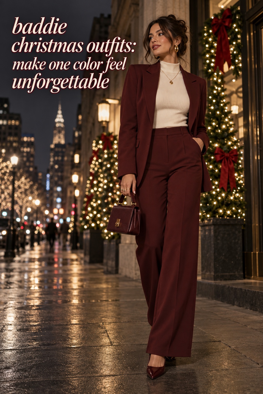 baddie christmas outfits monochrome burgundy blazer trousers ivory knit and gold jewelry