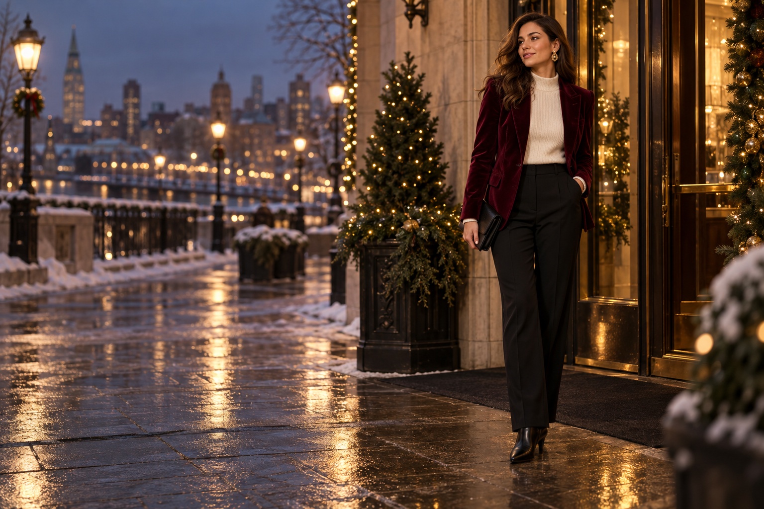 baddie christmas outfits burgundy velvet blazer black trousers and ivory knit in a winter city