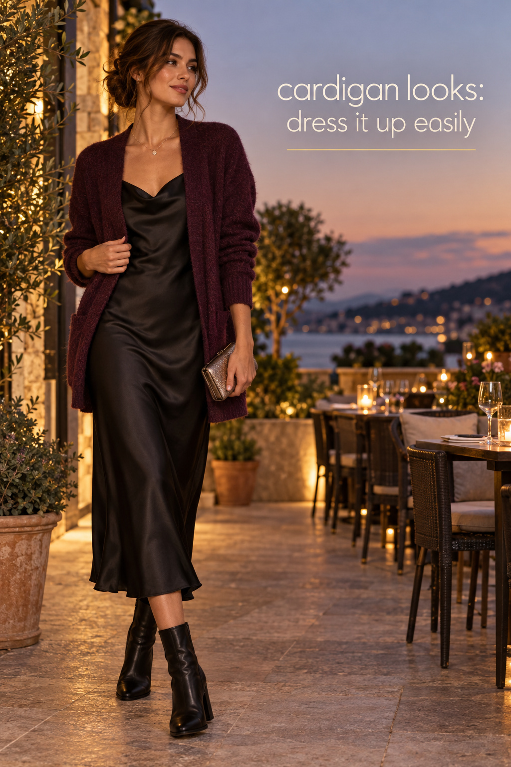 cardigan looks with plum cardigan, black satin slip dress, black boots, necklace, and metallic clutch