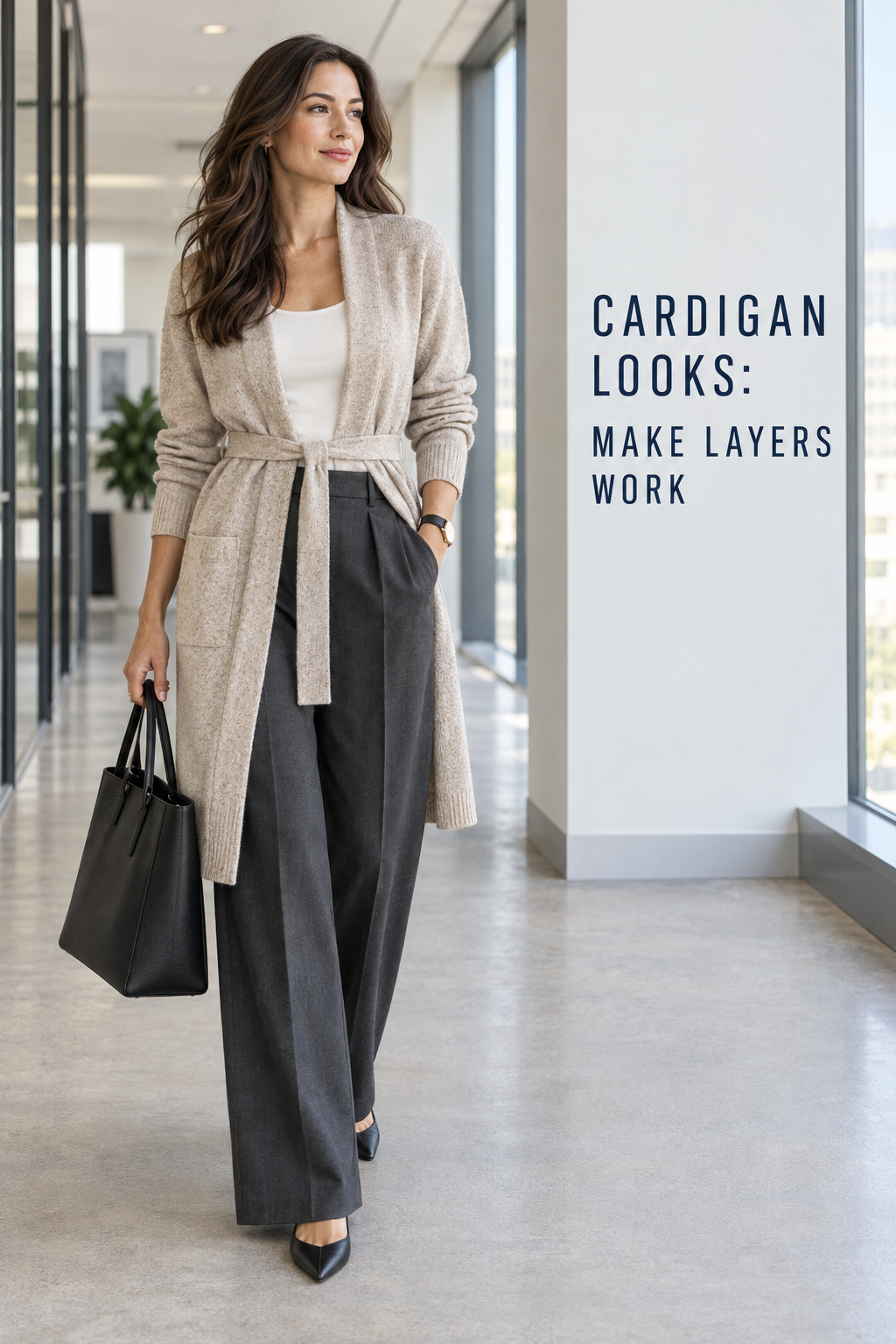 cardigan looks with belted oatmeal longline cardigan, white shell, charcoal trousers, pointed flats, and tote