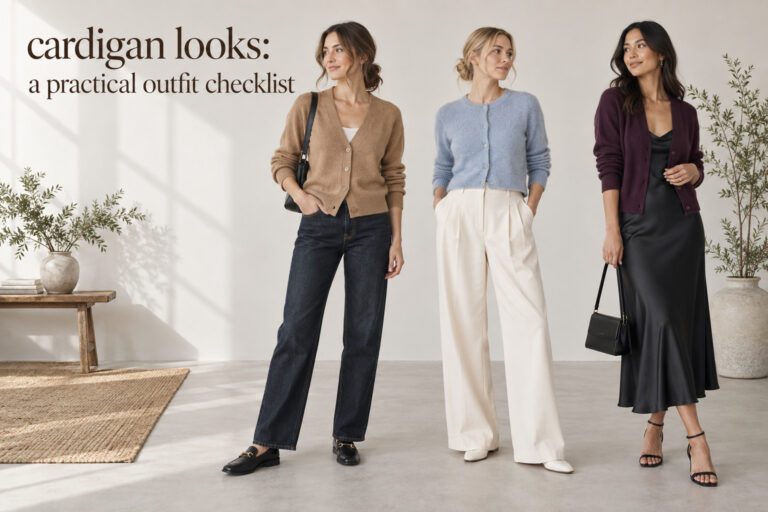 cardigan looks outfit checklist showing camel cardigan with jeans, blue cardigan with trousers, and plum cardigan with dress