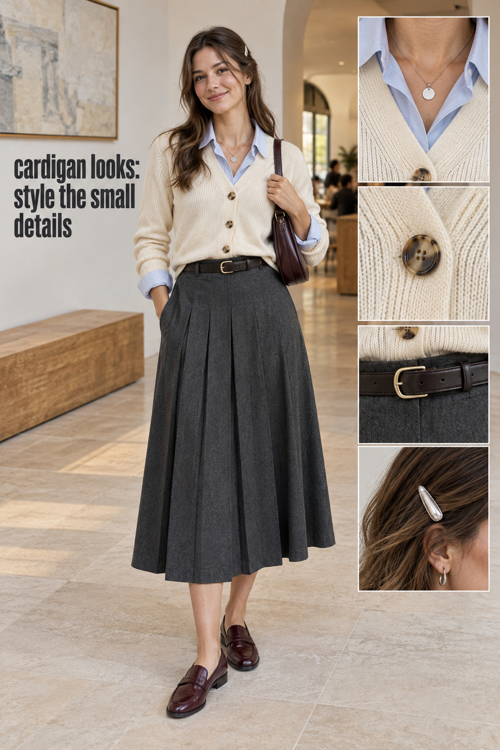 cardigan looks with cream cardigan, blue shirt, pleated midi skirt, loafers, belt, and detail close-ups