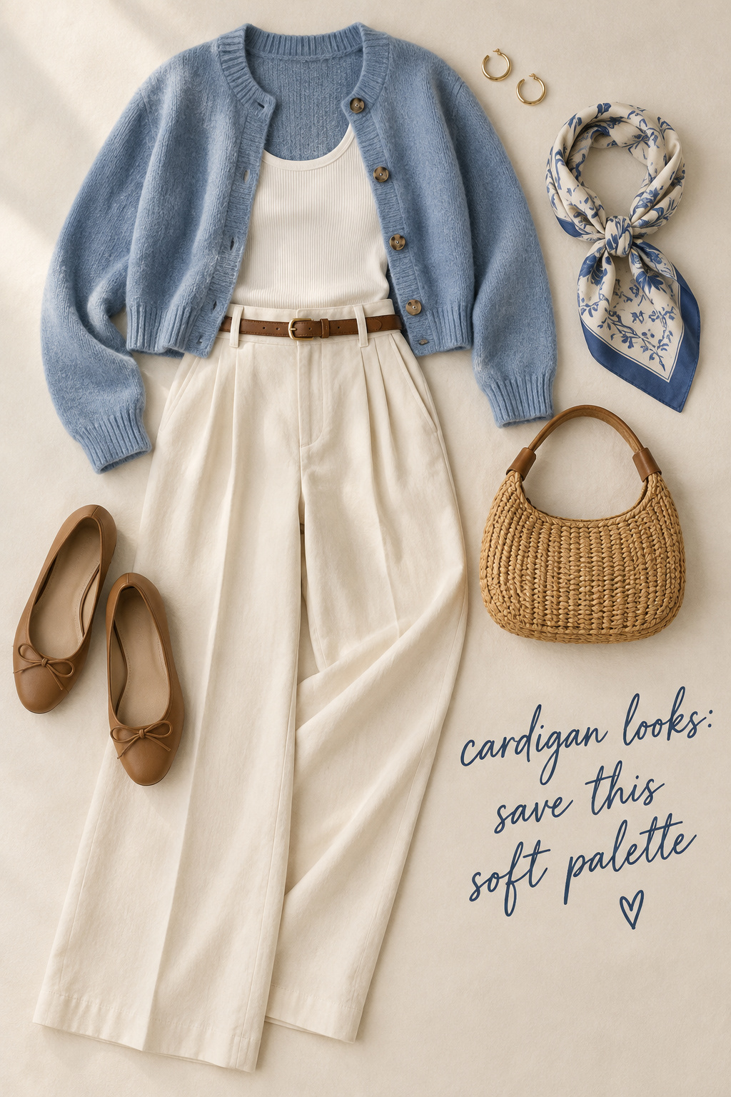 cardigan looks flat lay with blue cardigan, cream wide-leg trousers, ballet flats, scarf, and woven bag