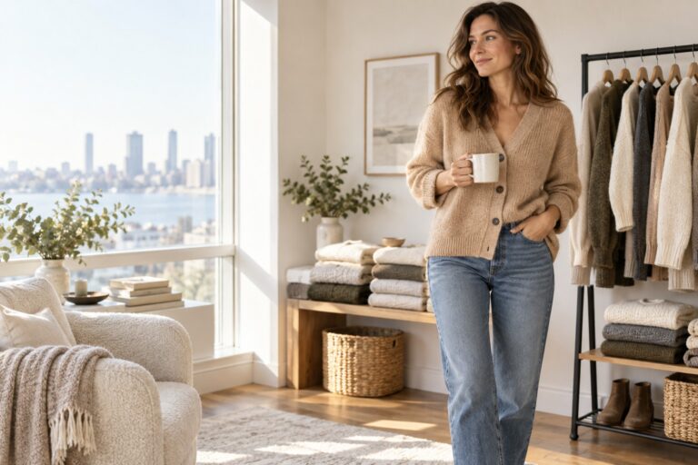 casual knitwear outfit with camel cardigan and jeans in a bright apartment