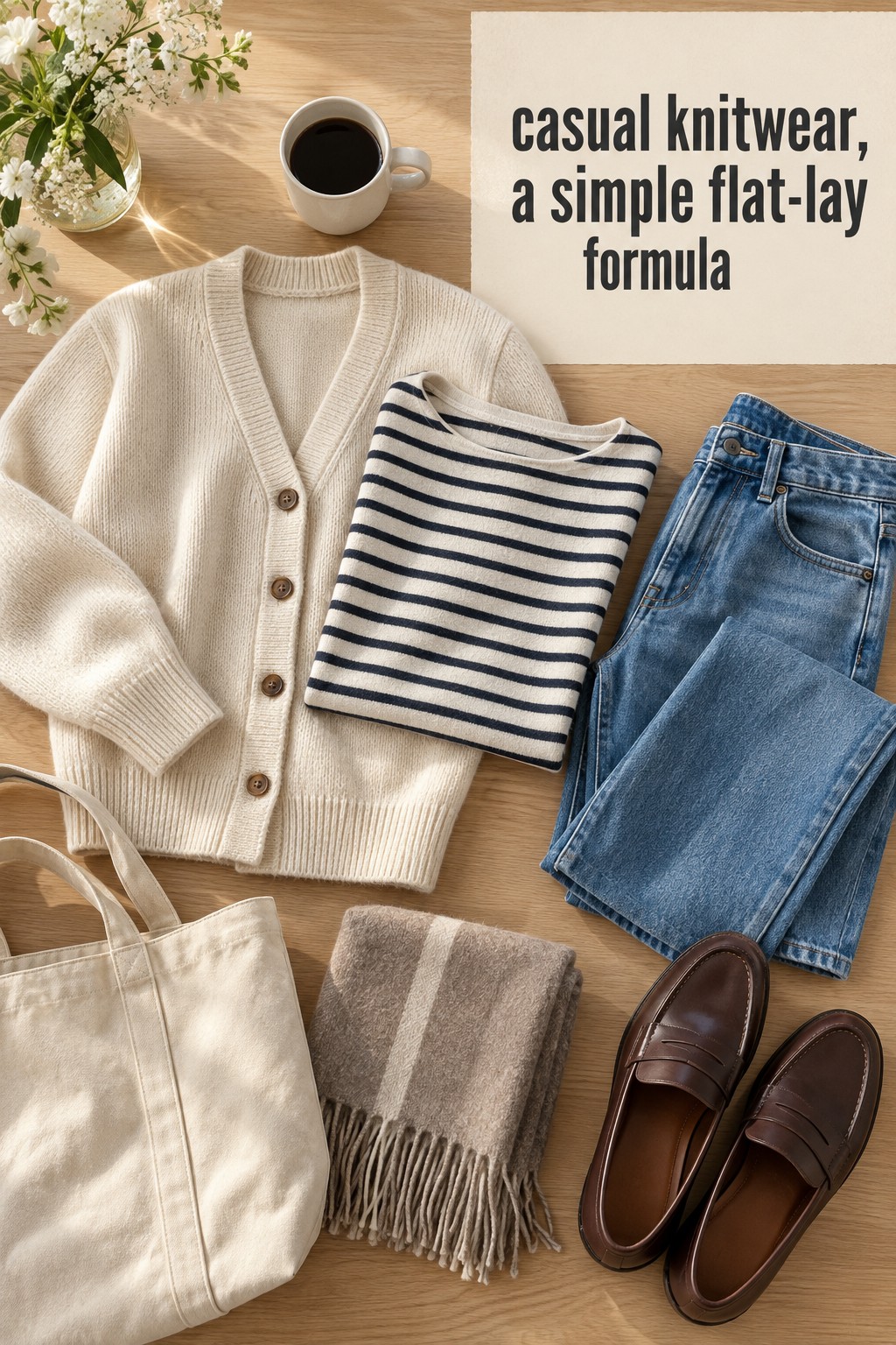 casual knitwear flat lay with cardigan, striped knit, jeans and loafers