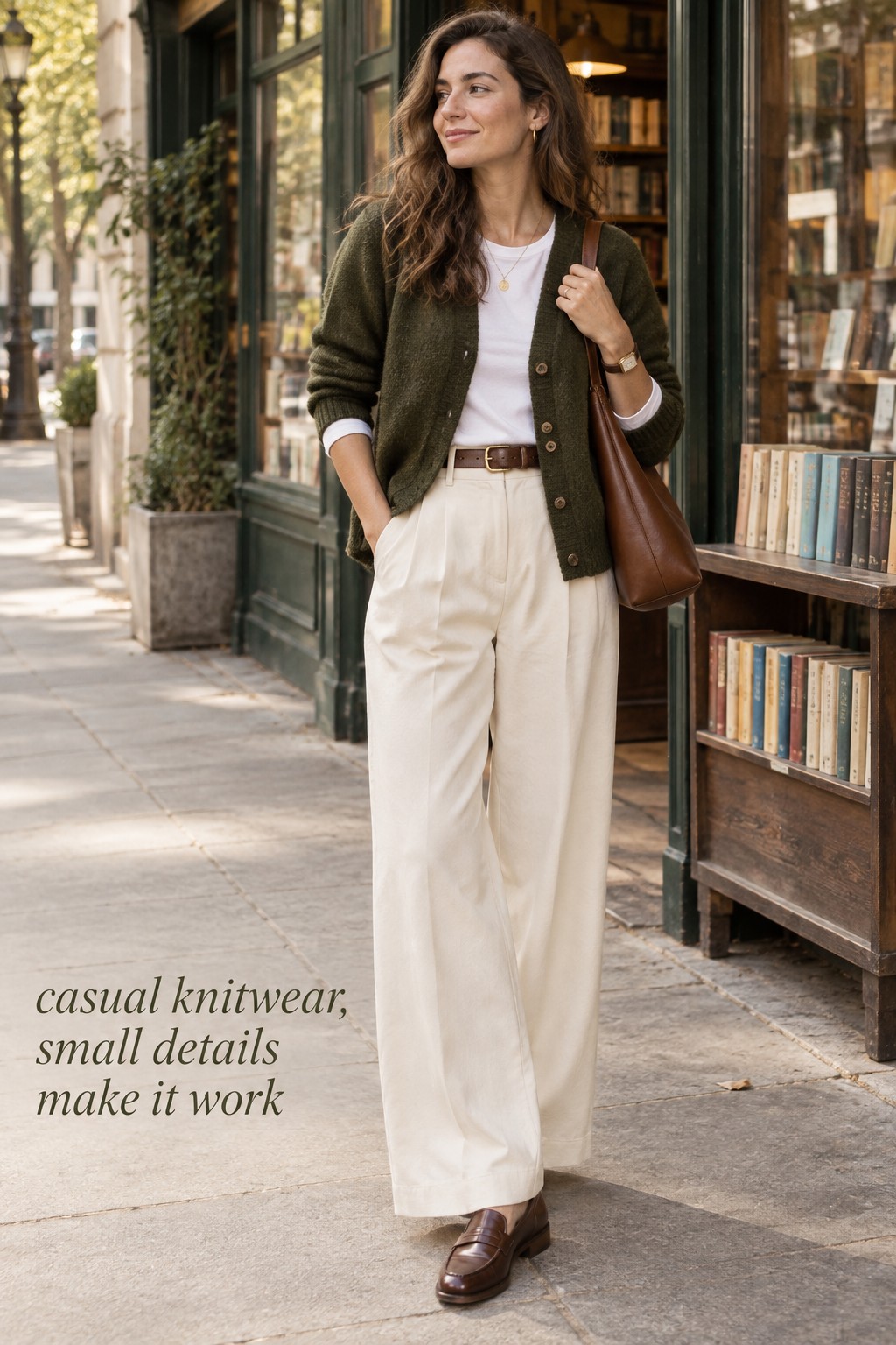 casual knitwear cardigan with cream trousers, belt, loafers and tote