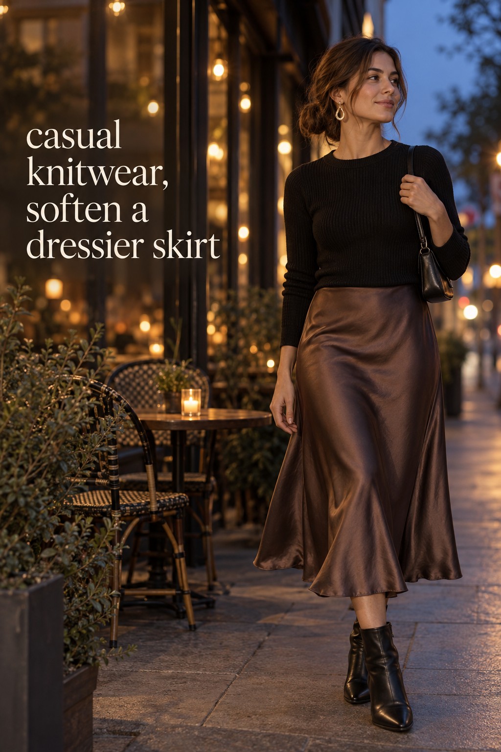 casual knitwear black ribbed top with satin midi skirt and ankle boots