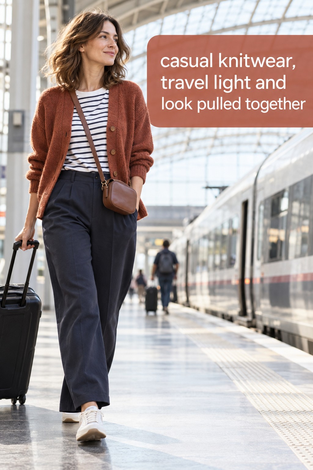 casual knitwear travel outfit with rust cardigan, striped tee and navy trousers