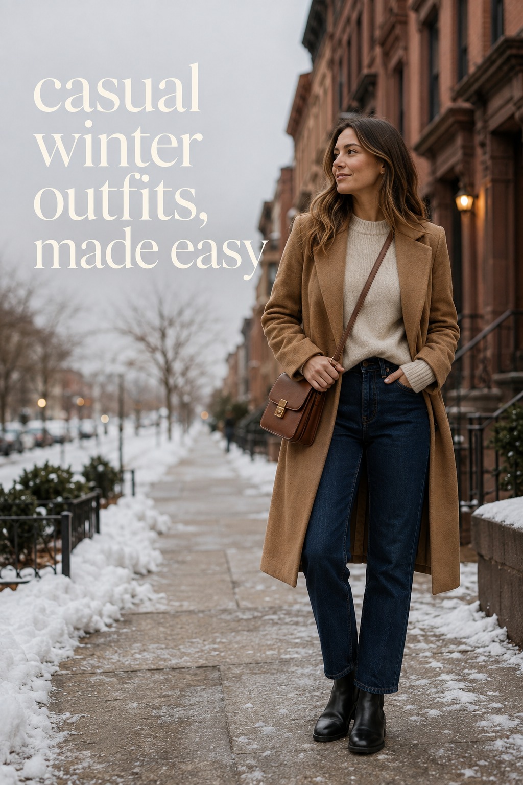 casual winter outfits with camel coat, jeans, and Chelsea boots