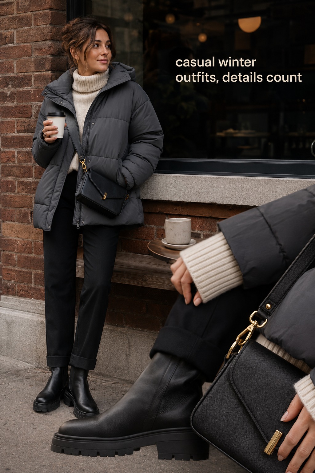 casual winter outfits with charcoal puffer and close-up styling details